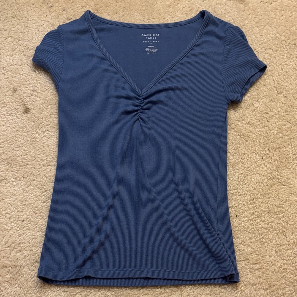 American Eagle Outfitters Navy Ruched V-Neck Top